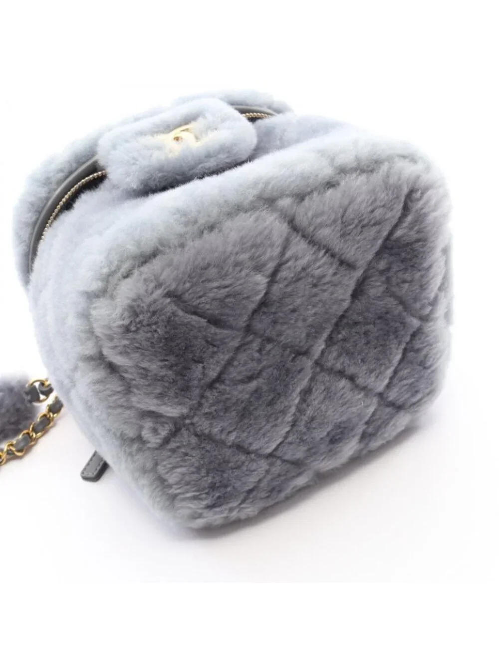 Chanel Shoulder Bag Quilted Vanity 2-Way Gray Shearling Leather Chain